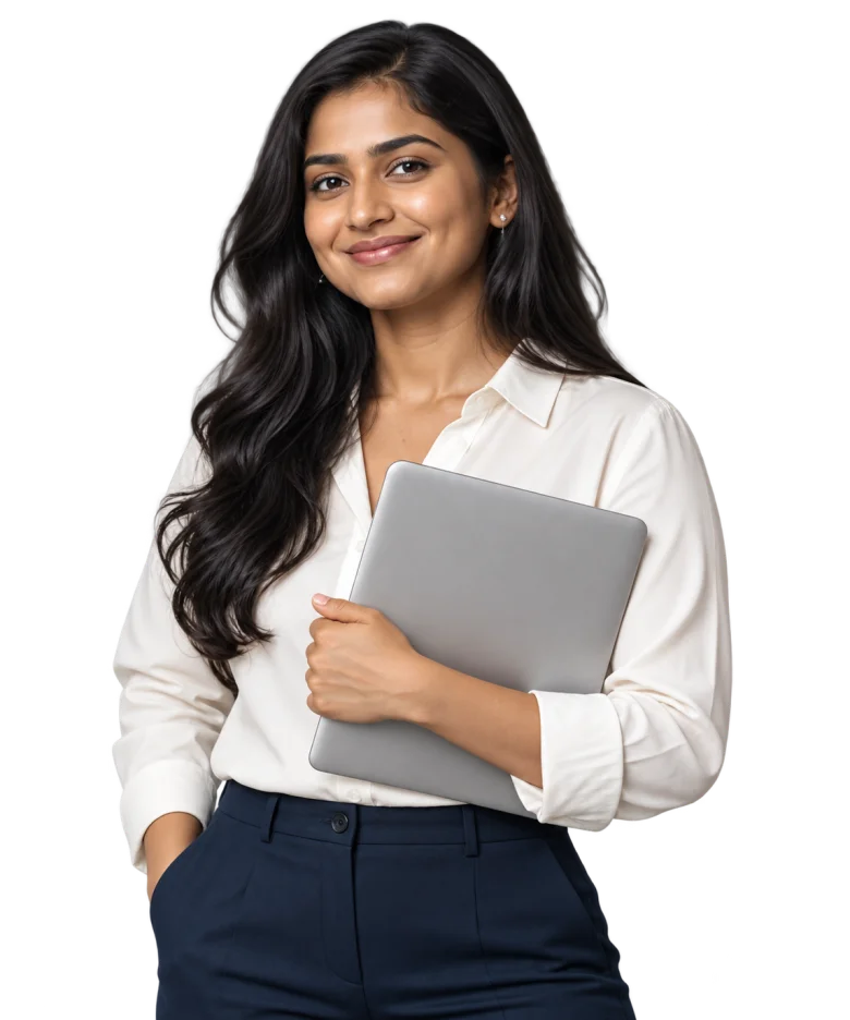 A candidate holding a laptop, ready for her next career step