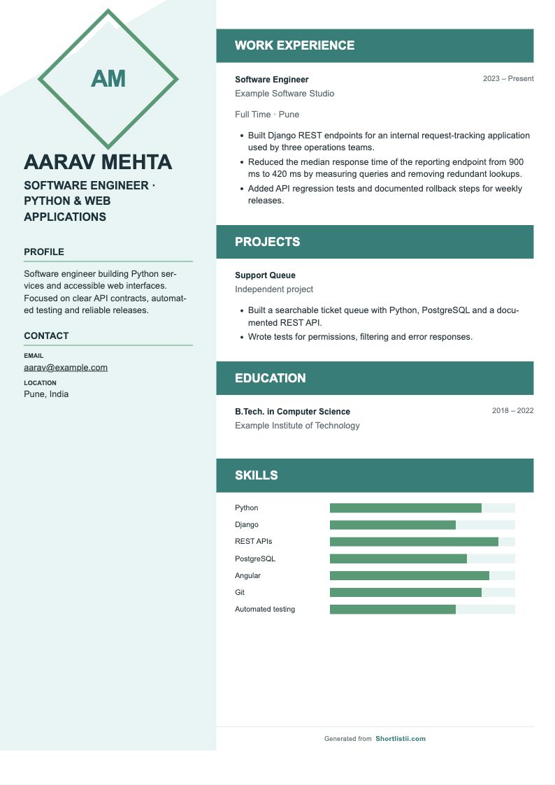 Structured Green resume layout with a fictional software engineer example