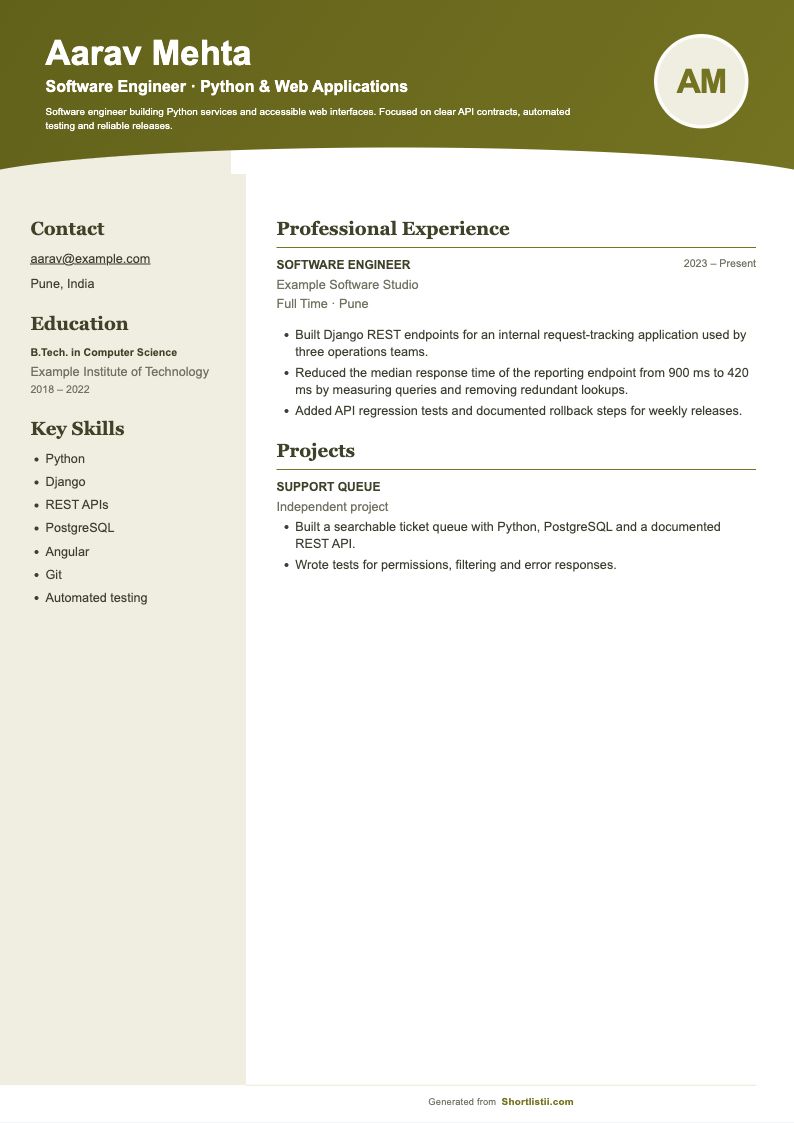 Olive Sidebar resume layout with a fictional software engineer example