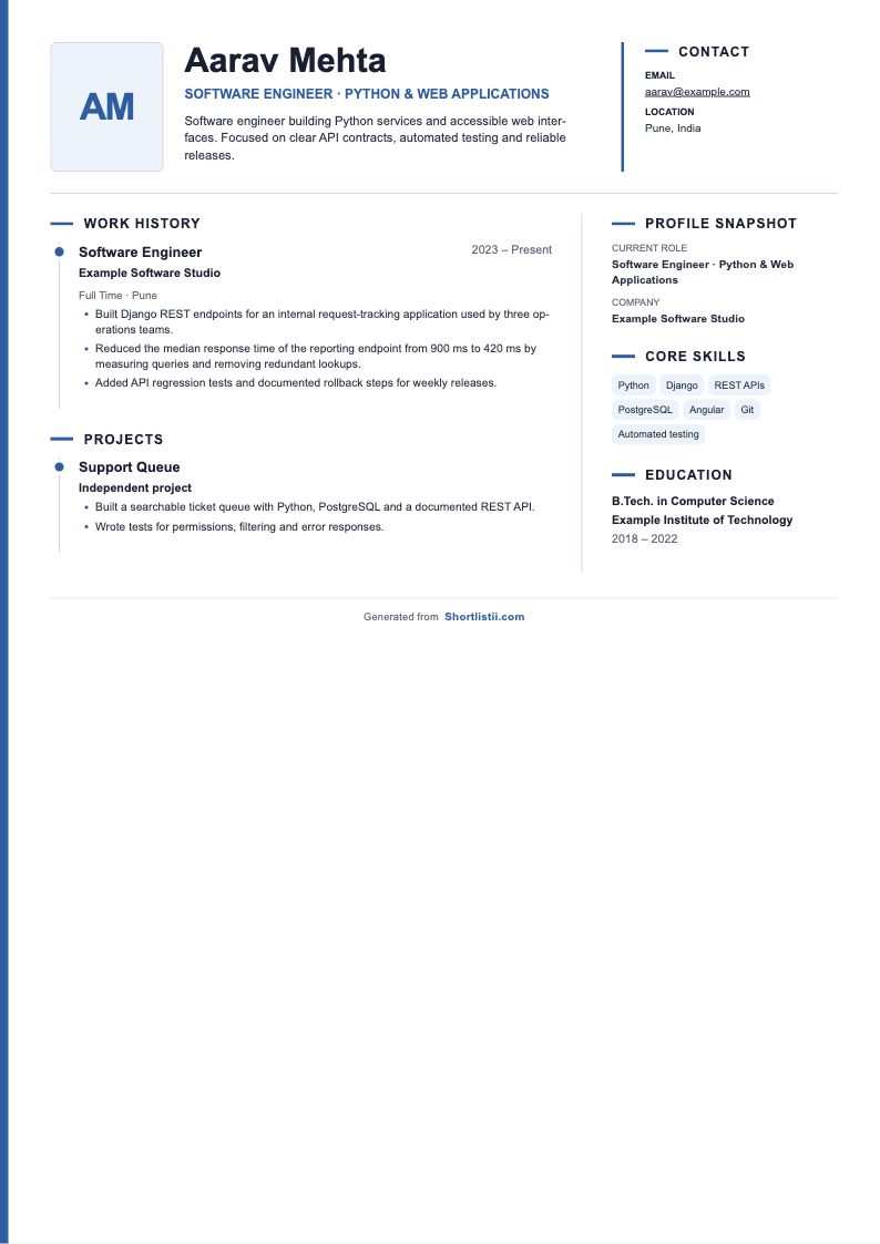 Profile Snapshot resume layout with a fictional software engineer example