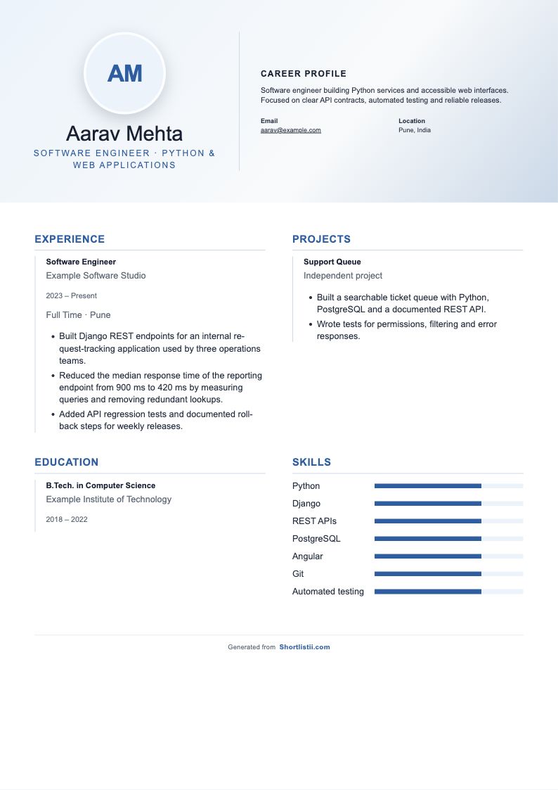 Image Header resume layout with a fictional software engineer example