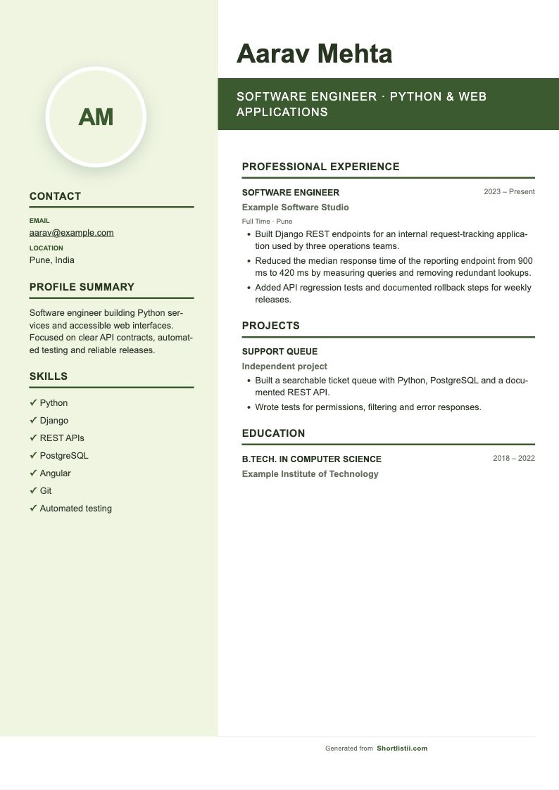 Teal Portrait resume layout with a fictional software engineer example