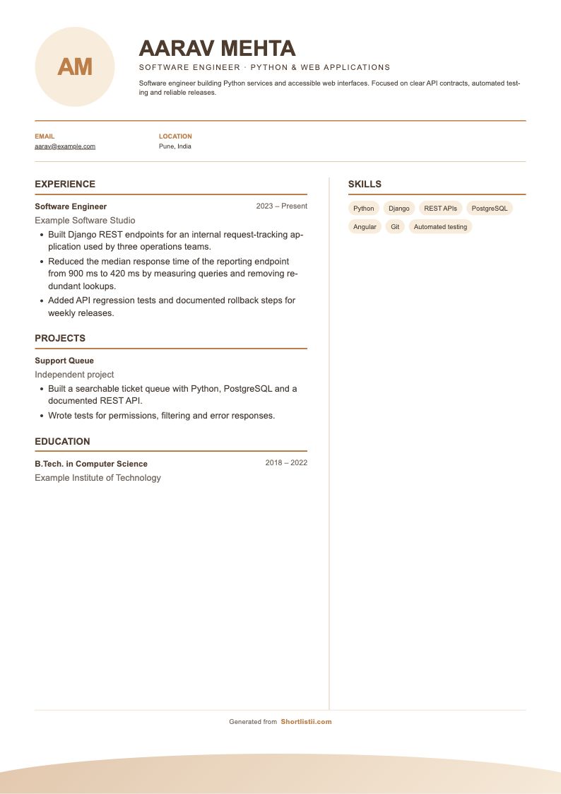 Warm Minimal resume layout with a fictional software engineer example
